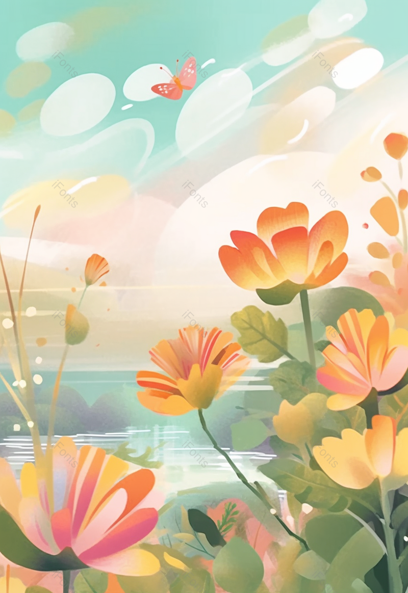 春天初夏水花草蝴蝶花卉花朵开花背景粉色浪漫插画,插画/手绘图,插画/手绘图库,插画/手绘图下载,插画/手绘